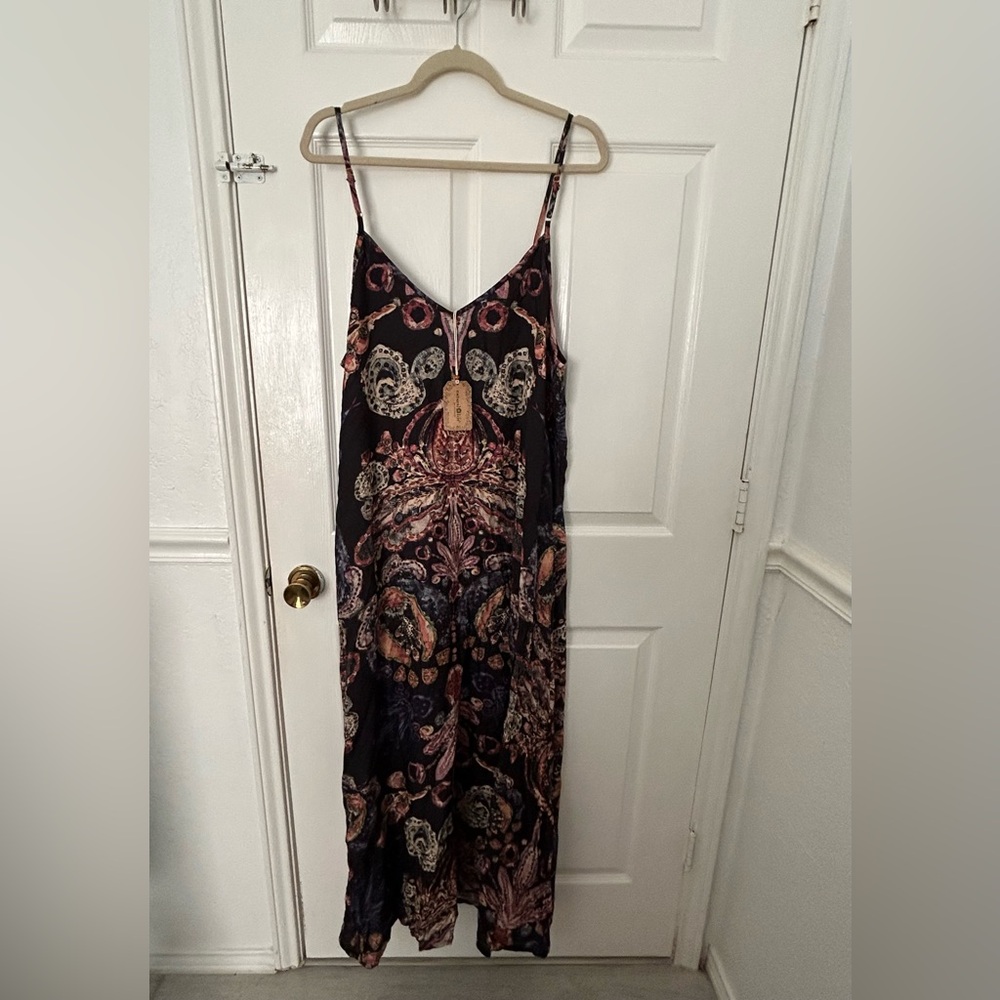 NATURAL LIFE Black Paisley Maxi Slip Dress with Pink and Cream Accents